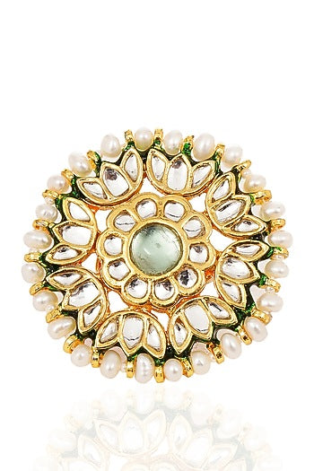 Gold Finish Green Kundan Polki Ring