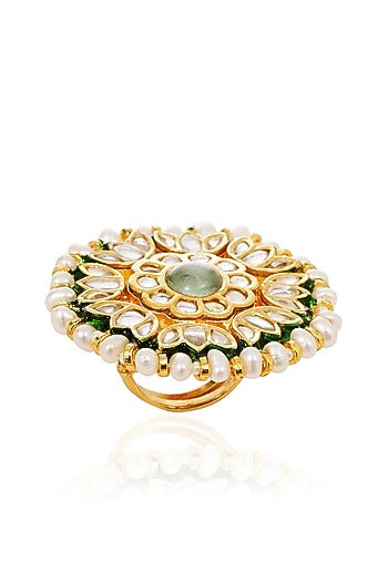 Gold Finish Green Kundan Polki Ring