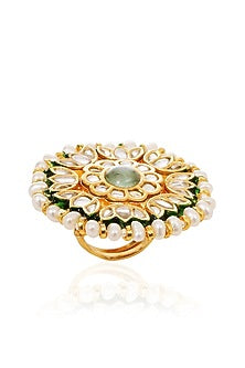 Gold Finish Green Kundan Polki Ring