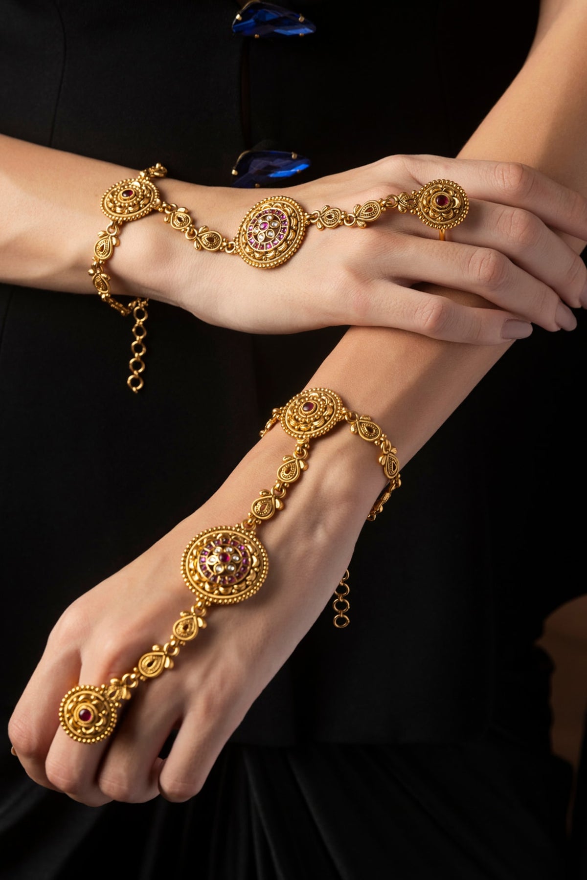 Gold Finish Ruby & Kundan Polki Hathphools (Set Of 2)