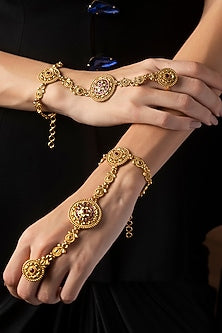 Gold Finish Ruby & Kundan Polki Hathphools (Set Of 2)