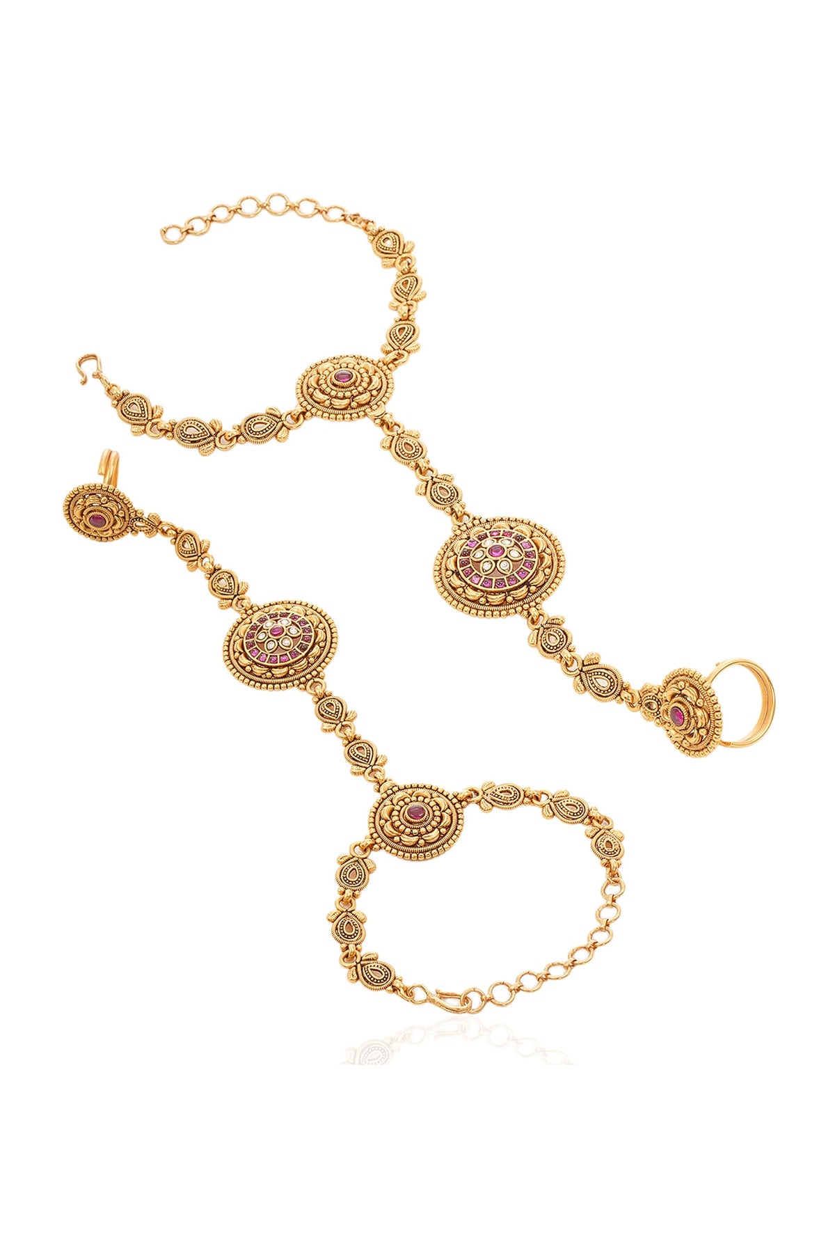 Gold Finish Ruby & Kundan Polki Hathphools (Set Of 2)