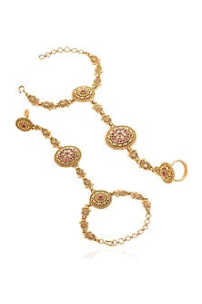 Gold Finish Ruby & Kundan Polki Hathphools (Set Of 2)