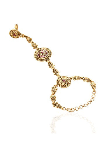 Gold Finish Ruby & Kundan Polki Hathphools (Set Of 2)
