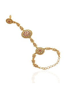 Gold Finish Ruby & Kundan Polki Hathphools (Set Of 2)