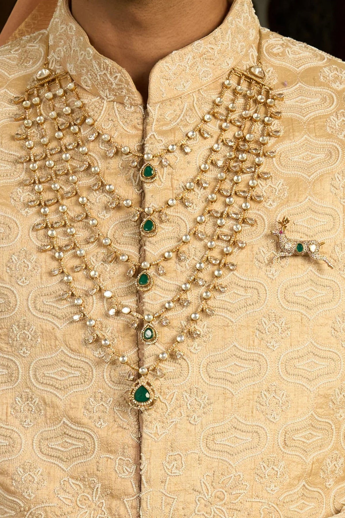 Gold Finish Green Onyx & Polki Layered Mala