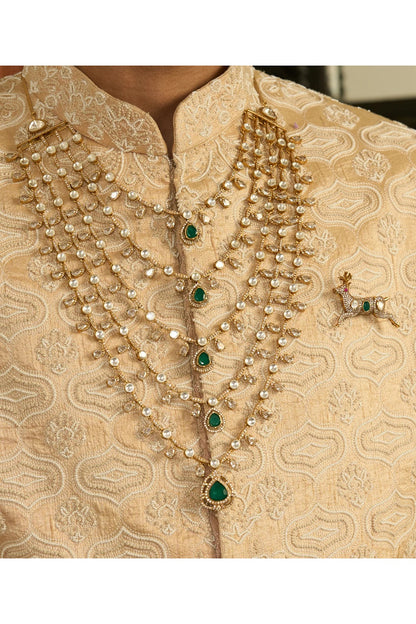 Gold Finish Green Onyx & Polki Layered Mala