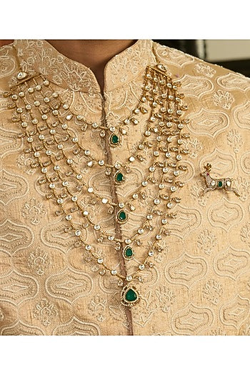 Gold Finish Green Onyx & Polki Layered Mala