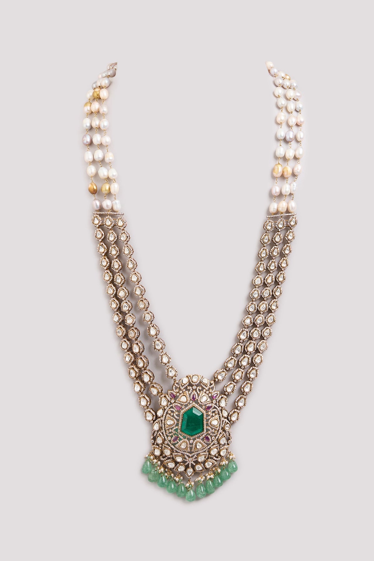 Gold Finish Kundan Polki & Green Stone Mala