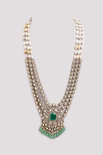 Gold Finish Kundan Polki & Green Stone Mala