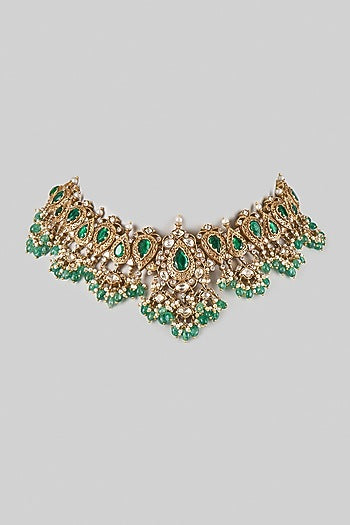 Gold Finish Emerald Stone Necklace In Sterling Silver