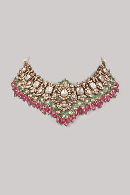 Gold Finish Kundan Polki & Multi-Colored Stone Necklace In Sterling Silver