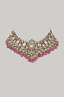 Gold Finish Kundan Polki & Multi-Colored Stone Necklace In Sterling Silver