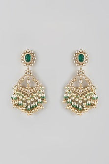 Gold Finish Kundan Polki & Emerald Stone Dangler Earrings In Sterling Silver