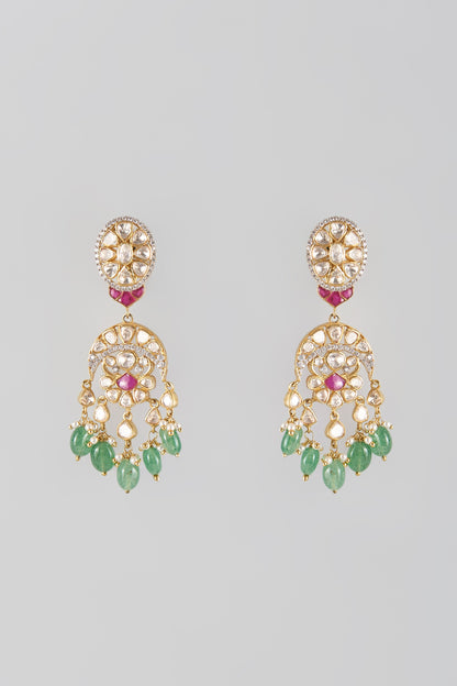 Gold Finish Kundan Polki & Multi-Colored Stone Dangler Earrings In Sterling Silver