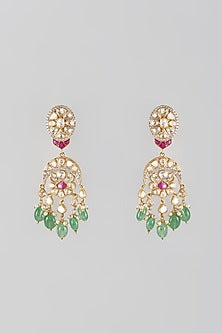 Gold Finish Kundan Polki & Multi-Colored Stone Dangler Earrings In Sterling Silver