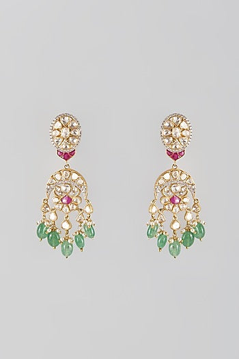 Gold Finish Kundan Polki & Multi-Colored Stone Dangler Earrings In Sterling Silver