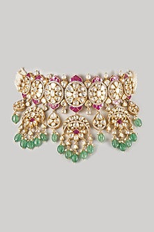 Gold Finish Kundan Polki & Multi-Colored Stone Choker Necklace In Sterling Silver