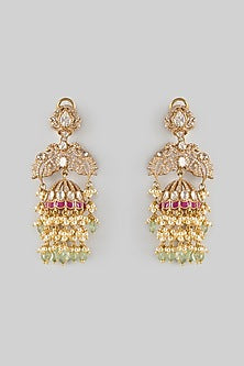 Gold Finish Kundan Polki & Multi-Colored Stone Dangler Earrings In Sterling Silver