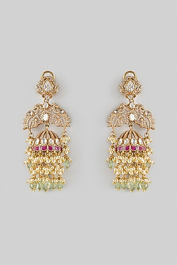Gold Finish Kundan Polki & Multi-Colored Stone Dangler Earrings In Sterling Silver