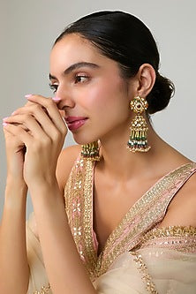 Gold Finish Kundan Polki Dangler Earrings In Sterling Silver