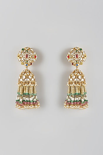 Gold Finish Kundan Polki Dangler Earrings In Sterling Silver