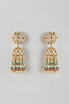 Gold Finish Kundan Polki Dangler Earrings In Sterling Silver