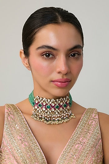 Gold Finish Kundan Polki & Emerald Beaded Choker Necklace In Sterling Silver