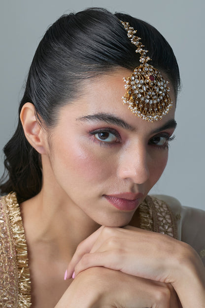 Gold Finish Kundan Polki & Ruby Stone Maangtikka In Sterling Silver