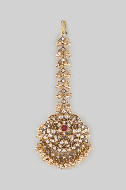Gold Finish Kundan Polki & Ruby Stone Maangtikka In Sterling Silver