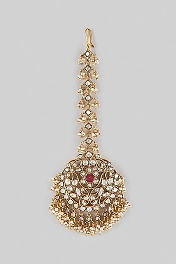 Gold Finish Kundan Polki & Ruby Stone Maangtikka In Sterling Silver