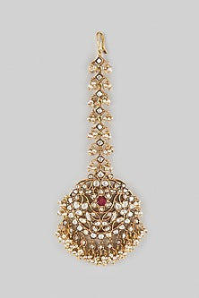 Gold Finish Kundan Polki & Ruby Stone Maangtikka In Sterling Silver