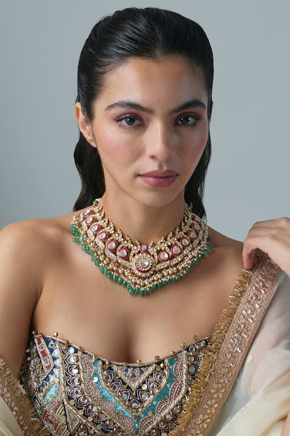 Gold Finish Kundan Polki & Multi-Colored Stone Necklace In Sterling Silver