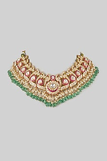 Gold Finish Kundan Polki & Multi-Colored Stone Necklace In Sterling Silver
