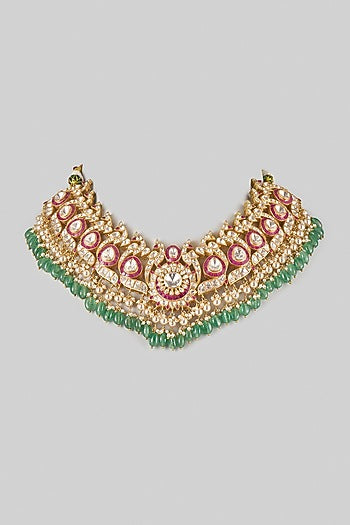 Gold Finish Kundan Polki & Multi-Colored Stone Necklace In Sterling Silver