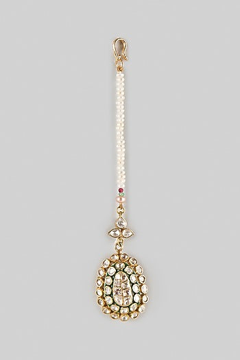 Gold Finish Kundan Polki Maangtikka In Sterling Silver