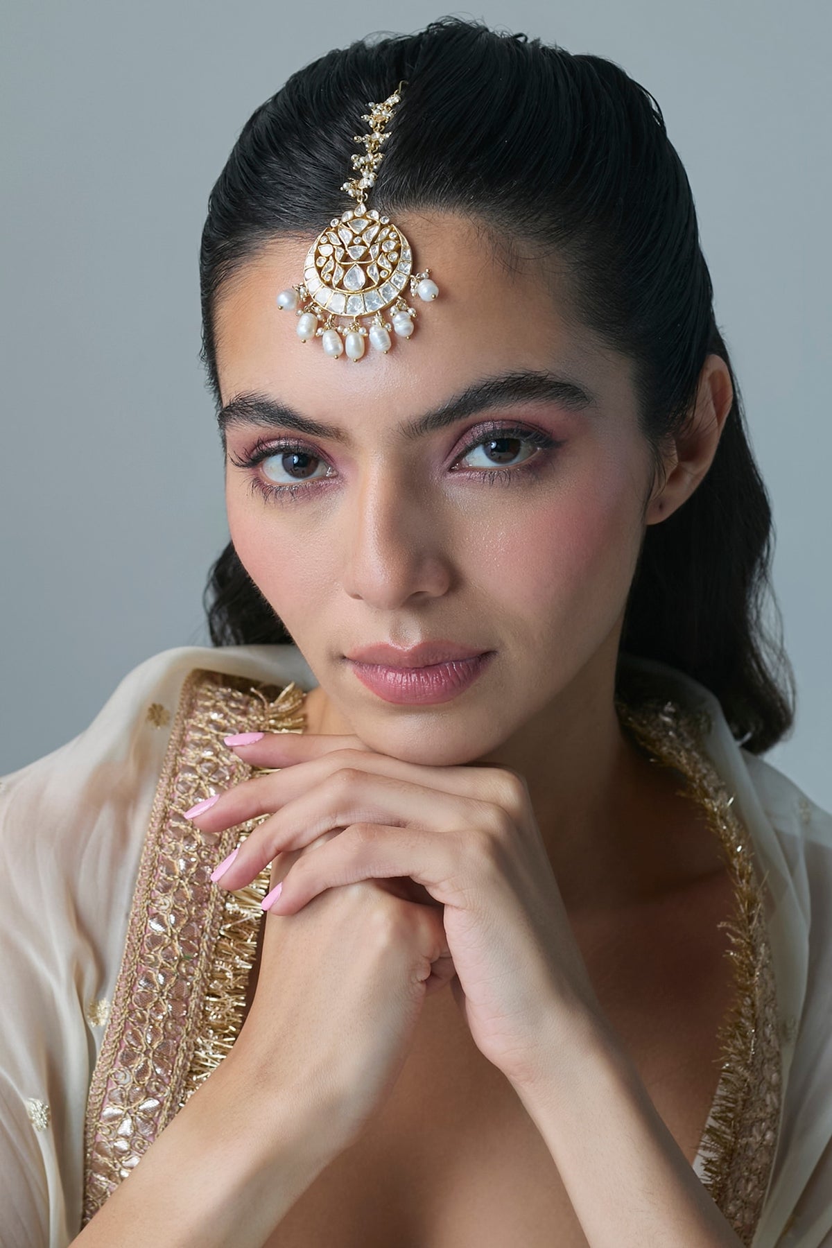 Gold Finish Kundan Polki Maangtikka In Sterling Silver