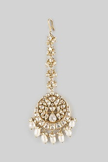 Gold Finish Kundan Polki Maangtikka In Sterling Silver