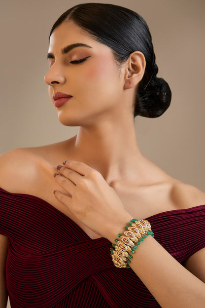 Gold Finish Kundan Polki & Green Stone Adjustable Bangle In Sterling Silver