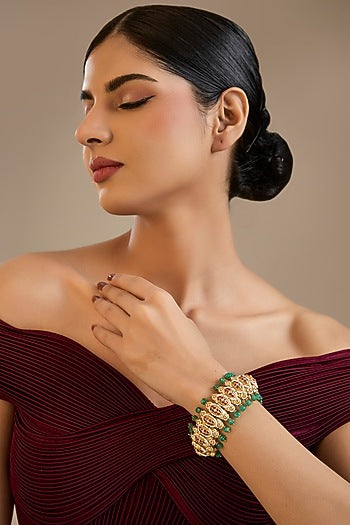 Gold Finish Kundan Polki & Green Stone Adjustable Bangle In Sterling Silver