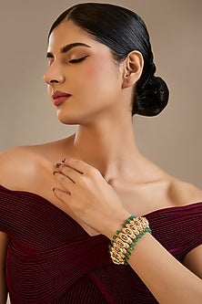 Gold Finish Kundan Polki & Green Stone Adjustable Bangle In Sterling Silver