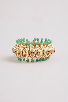 Gold Finish Kundan Polki & Green Stone Adjustable Bangle In Sterling Silver