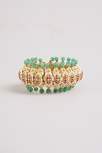 Gold Finish Kundan Polki & Green Stone Adjustable Bangle In Sterling Silver