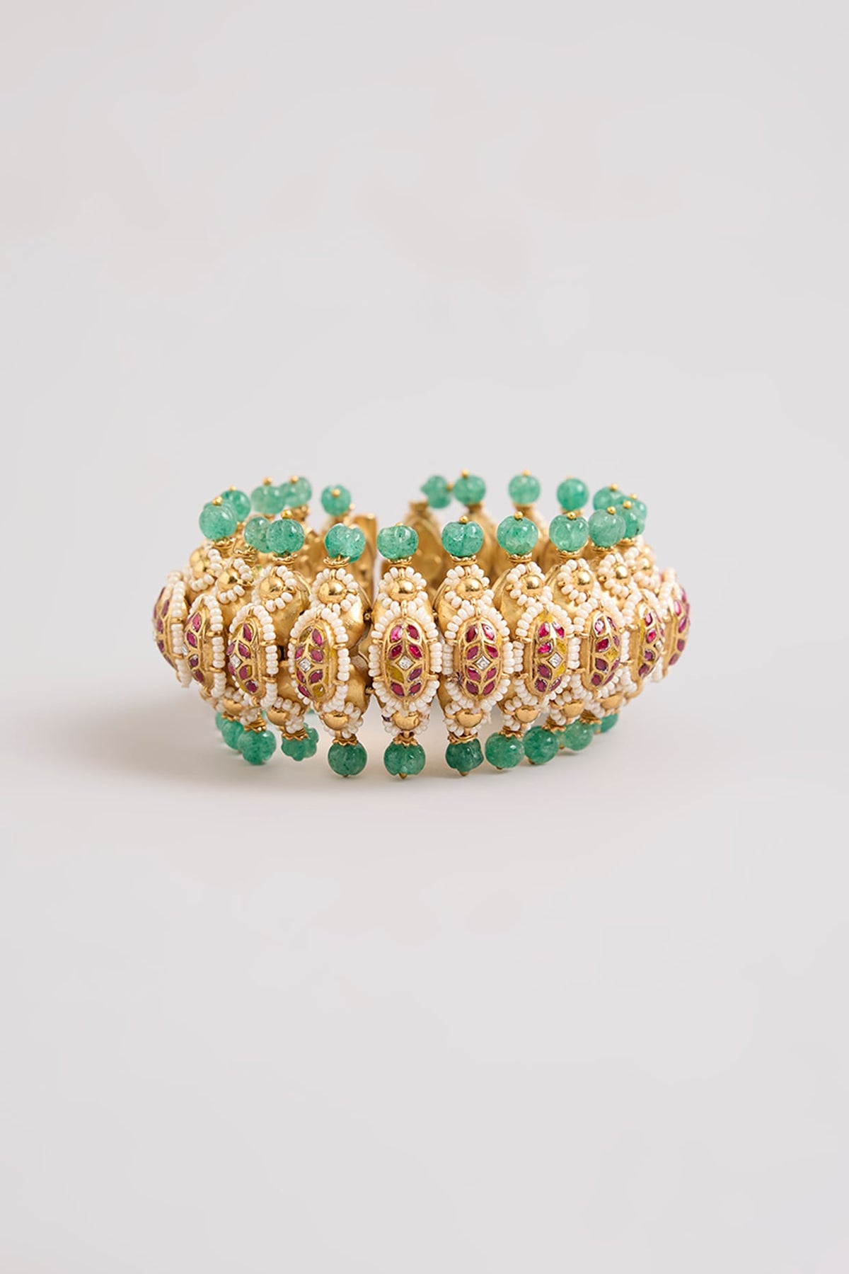 Gold Finish Kundan Polki & Green Stone Adjustable Bangle In Sterling Silver