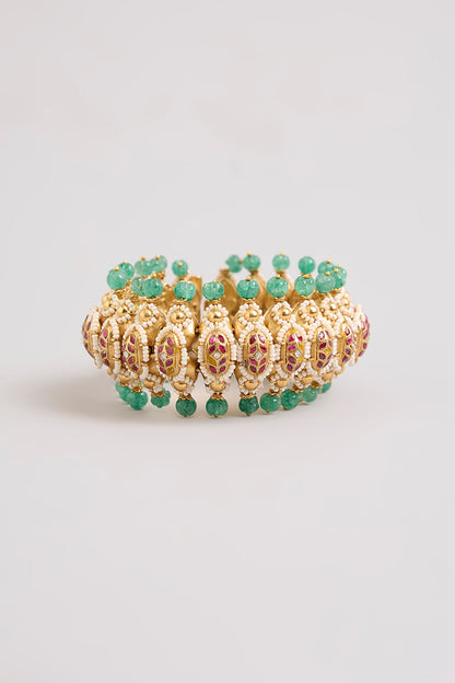Gold Finish Kundan Polki & Green Stone Adjustable Bangle In Sterling Silver