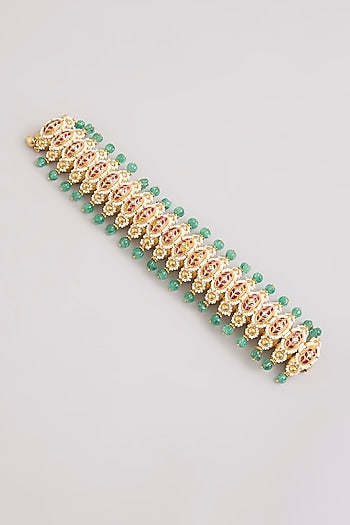 Gold Finish Kundan Polki & Green Stone Adjustable Bangle In Sterling Silver