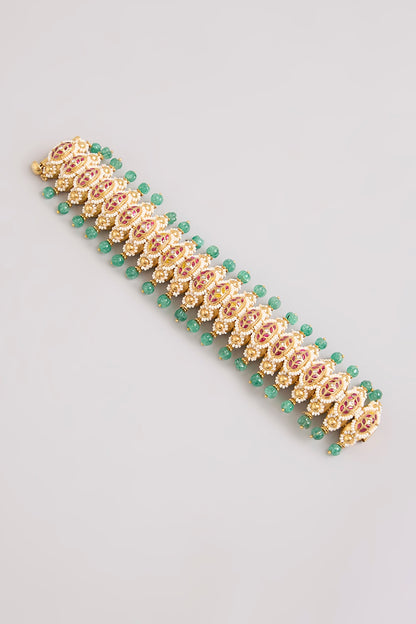 Gold Finish Kundan Polki & Green Stone Adjustable Bangle In Sterling Silver