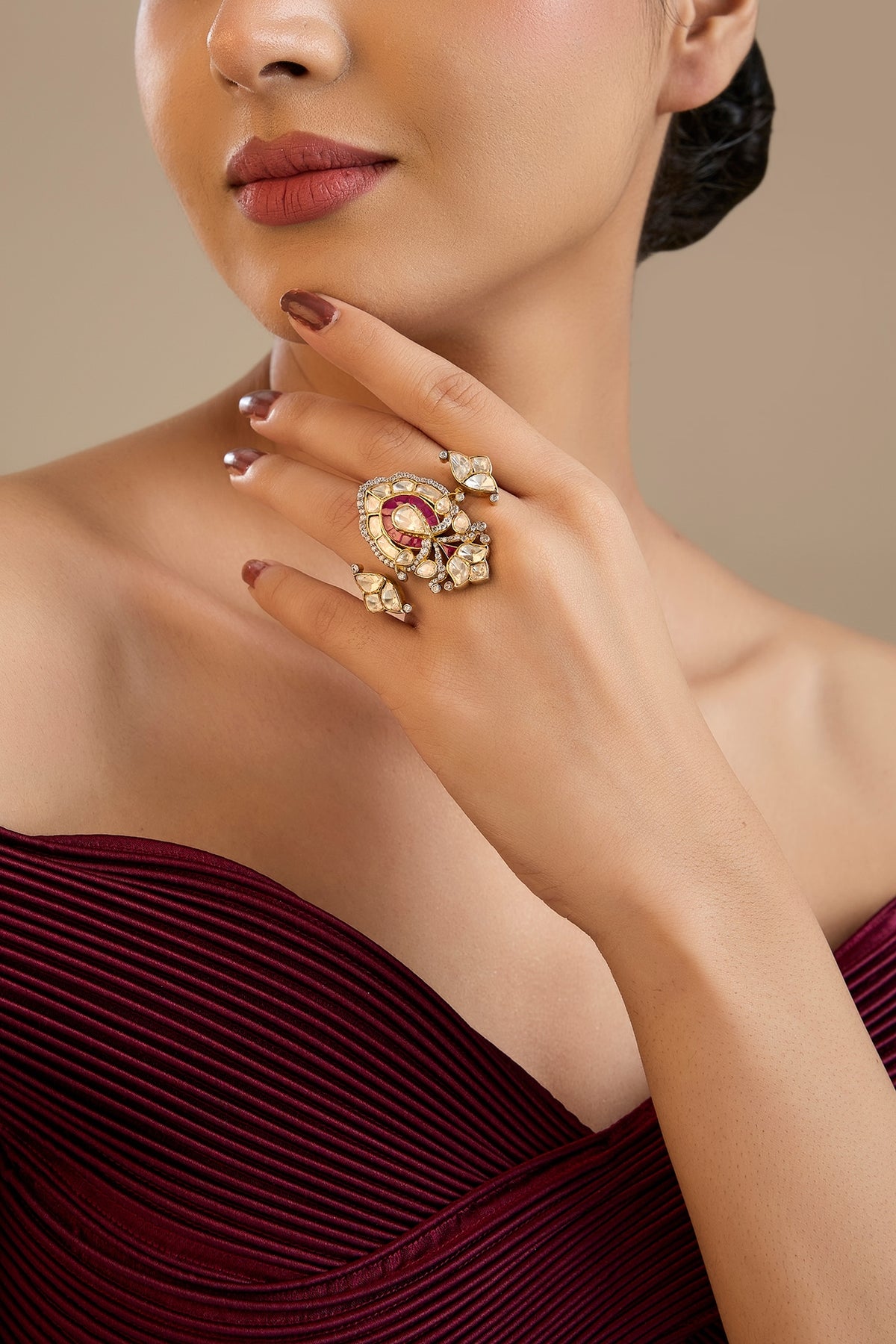 Gold Finish Kundan Polki & Red Stone Adjustable Ring In Sterling Silver