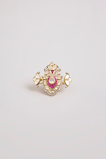 Gold Finish Kundan Polki & Red Stone Adjustable Ring In Sterling Silver