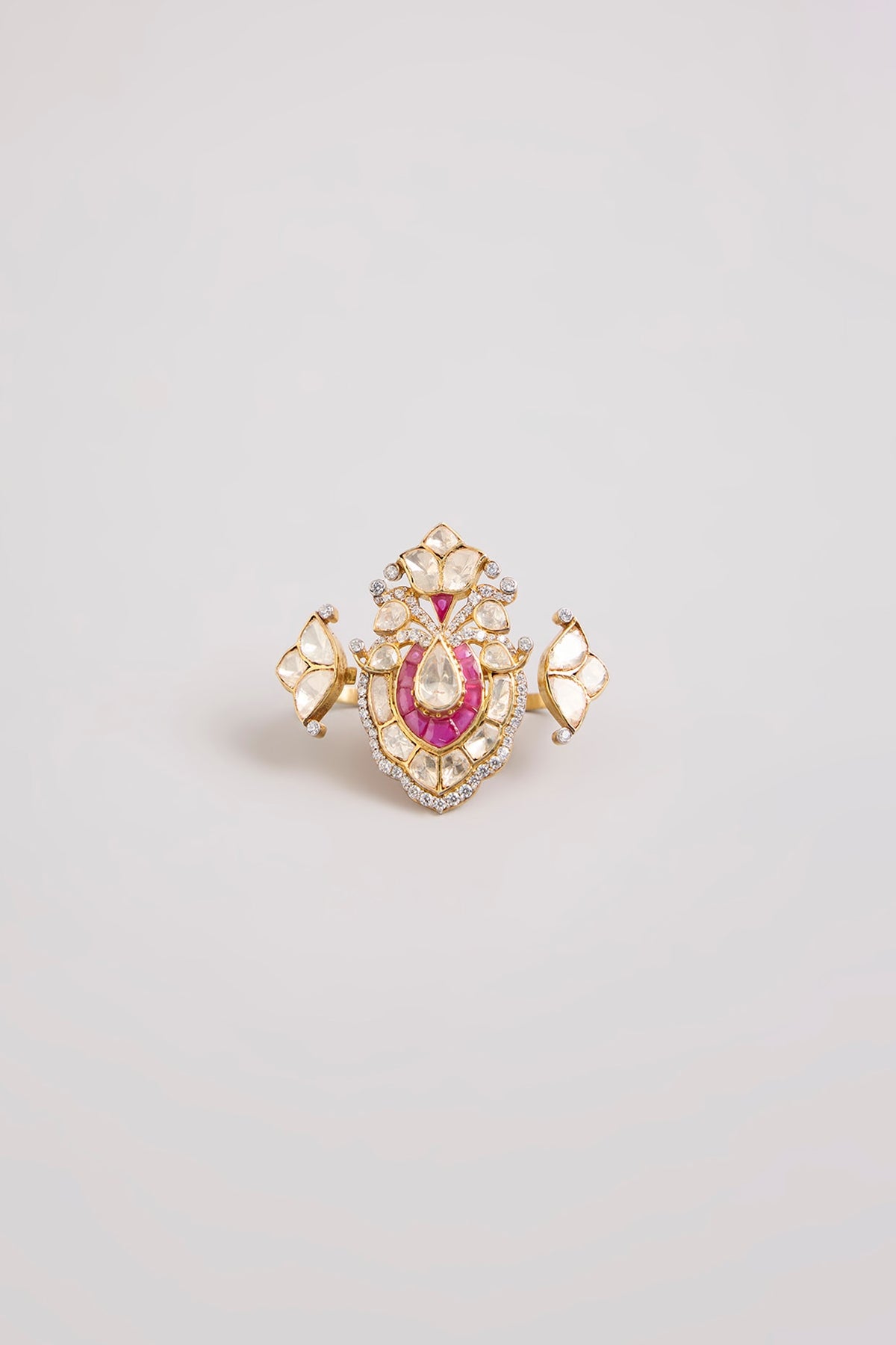 Gold Finish Kundan Polki & Red Stone Adjustable Ring In Sterling Silver